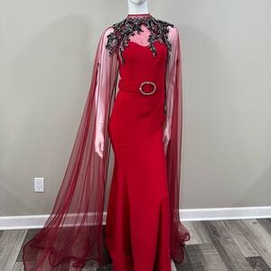 Elegant Red Evening Gown with Cape